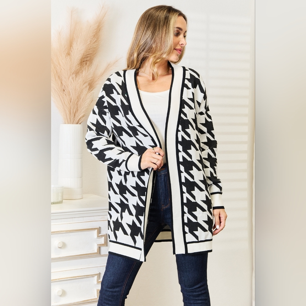 Chic Black and White Houndstooth Cardigan Sweater